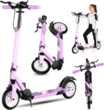 Scooter para adultos dobrável CUIOT com 3 freios, rodas de 20 cm e altura ajustável, ideal para segurança e conforto.