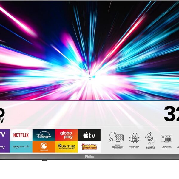 Smart TV 32 Philco Roku TV P32CRB com Dolby Áudio e HDR10 para imagem e som de qualidade.