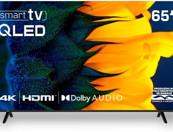 Smart TV HQ QLED 65 4K com Whale OS, Dolby Audio e apps de streaming integrados para uma experiência completa.
