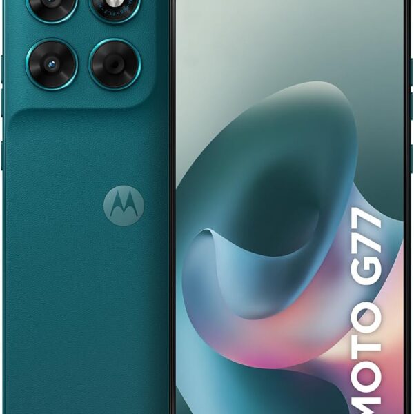 Smartphone Motorola Moto G77 5G 256GB com câmera 108MP, tela 1.5K AMOLED 120Hz e resistência reforçada para mais desempenho e estilo.