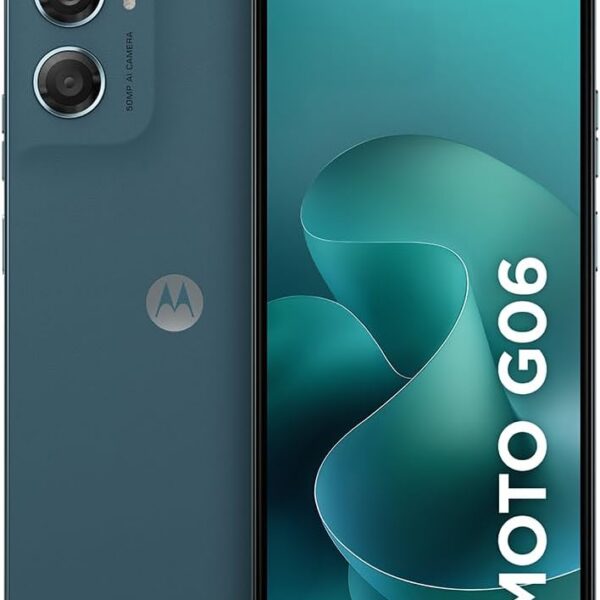 Smartphone Motorola Moto g06 128GB com 12GB RAM, câmera 50MP AI, bateria 5200 mAh e tela 6.9" Azul Marinho.
