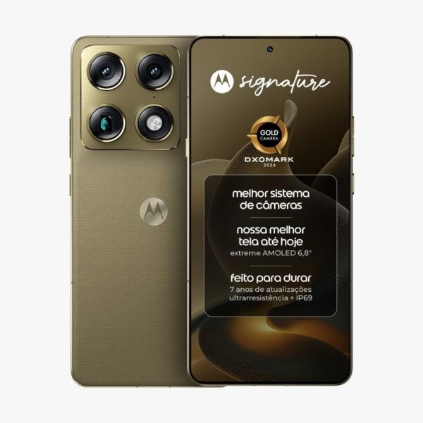 Smartphone Motorola Signature 5G 512GB 24GB: 3 câmeras Sony LYTIA, tela 165Hz e bateria 5200mAh para alta performance.