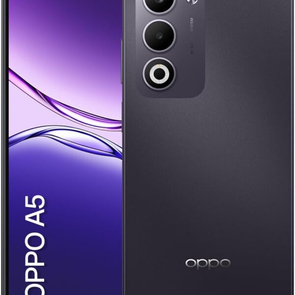 Smartphone OPPO A5 256GB 6GB Ram com bateria 6000mAh, carga 45W, câmera AI 50MP e resistência IP65.