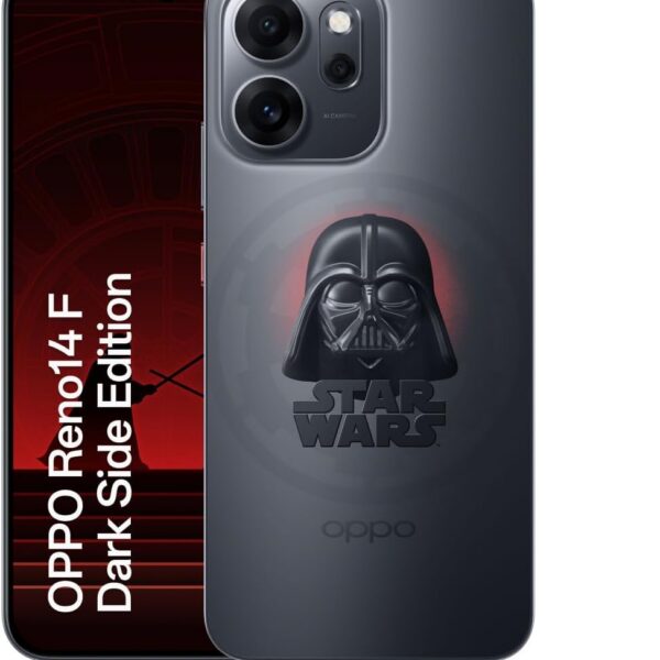Smartphone OPPO Reno 14 F Dark Side Edition 256GB 12GB RAM com câmera AI, IP69 e bateria 6000mAh para alta performance.