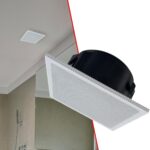 Suporte de teto Splin para Echo Dot e Echo Pop com tela acústica e trava anti-furto, instalação embutida e discreta.