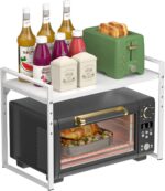 Suporte expansível para micro-ondas com 2 camadas, altura ajustável e metal resistente para organizar sua cozinha.