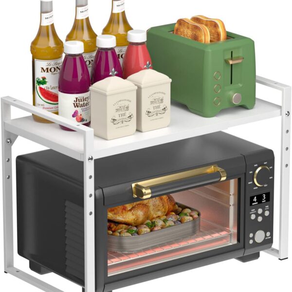 Suporte expansível para micro-ondas com 2 camadas, altura ajustável e metal resistente para organizar sua cozinha.