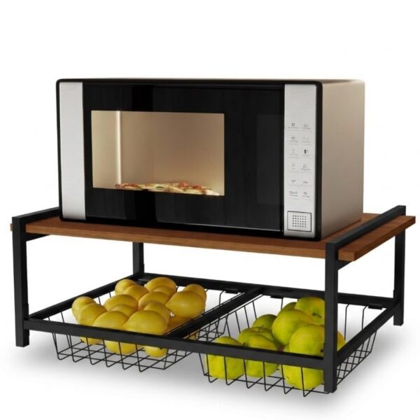Suporte microondas com fruteira e cestos removíveis: organiza a cozinha, libera espaço e valoriza a bancada.