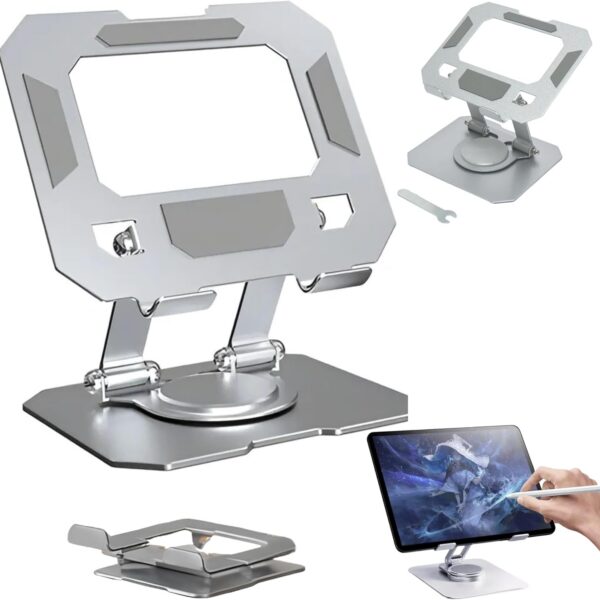 Suporte para Tablet e Celular • em Aço Carbono Resistente • MTS • Apoio para Mesa • Portátil Dobrável Articulado Rotativa 360º Design Moderno Ajustável • Antiderrapante Ampla Compatibilidade