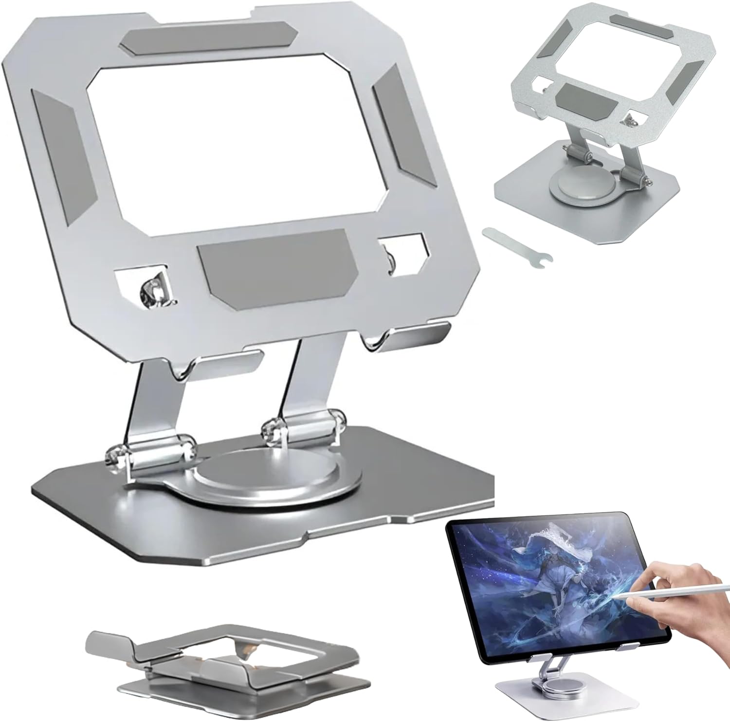 Suporte para Tablet e Celular • em Aço Carbono Resistente Suporte para Tablet e Celular • em Aço Carbono Resistente • MTS • Apoio para Mesa • Portátil Dobrável Articulado Rotativa 360º Design Moderno Ajustável • Antiderrapante Ampla Compatibilidade