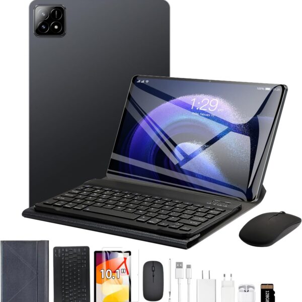 Tablet 3 em 1 Android 14 com teclado, mouse e capa: 16GB RAM, 512GB, tela 10,1, bateria 8800mAh e câmeras 16MP/8MP.