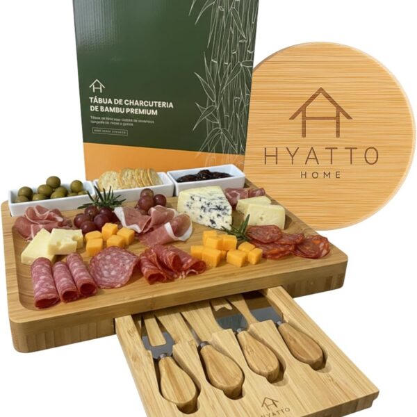 Tábua de Frios e Queijos HYATTO HOME com 3 Tigelas e 4 Facas, ideal para servir com elegância e presentear.