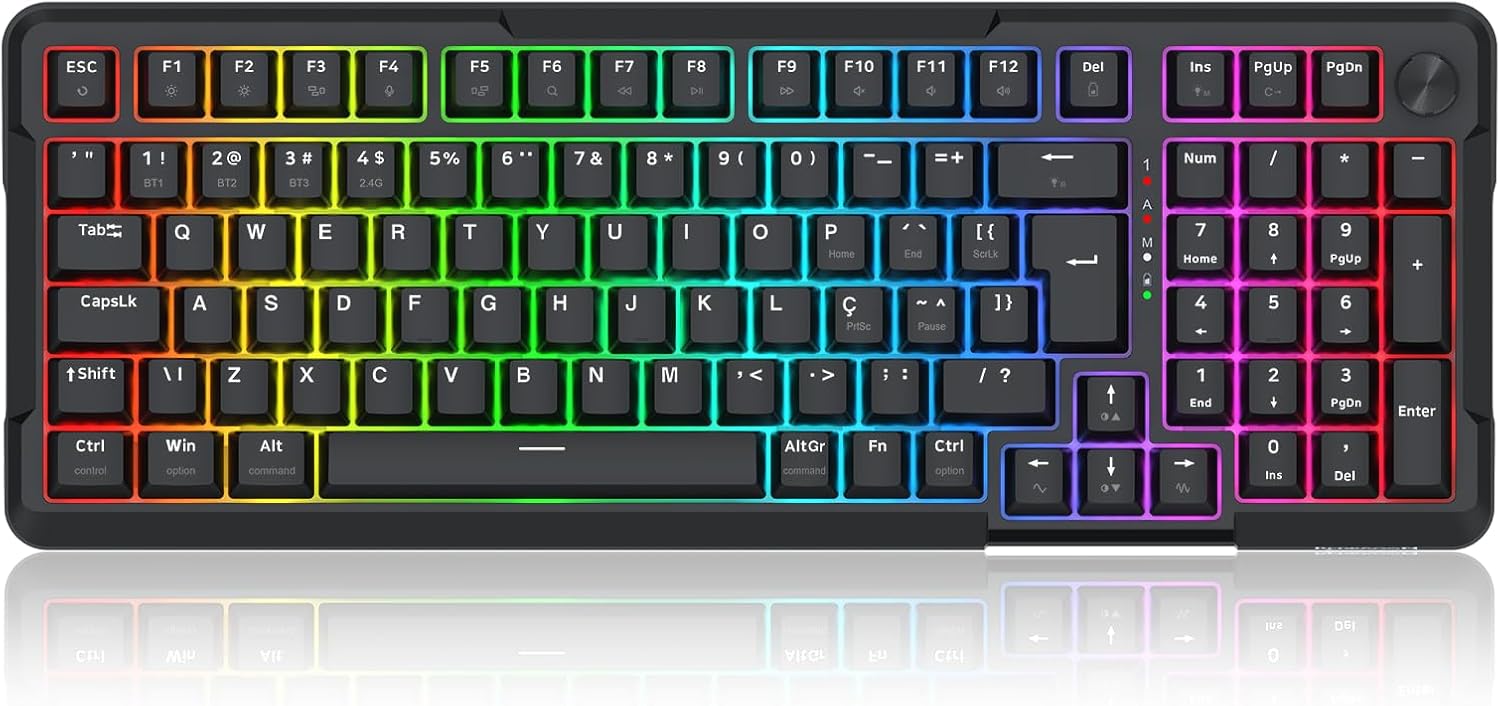 Teclado Mecânico Gamer Redragon Arlokks Preto RGB Gasket Mount 1800 Teclado Mecânico Gamer Redragon Arlokks Preto RGB Gasket Mount 1800 Compact Switch Redragon RPC linear QMK/VIA Hotswap 5 Pinos Roda de Volume Tri-Mode USB Tipo-C, Bluetooth e USB 2.4GHz K742B