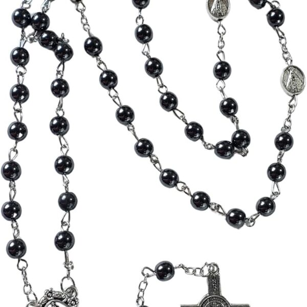 Terço Colar Nossa Senhora Aparecida Hematita 6mm: fé, proteção e elegância para oração diária e presente devocional.