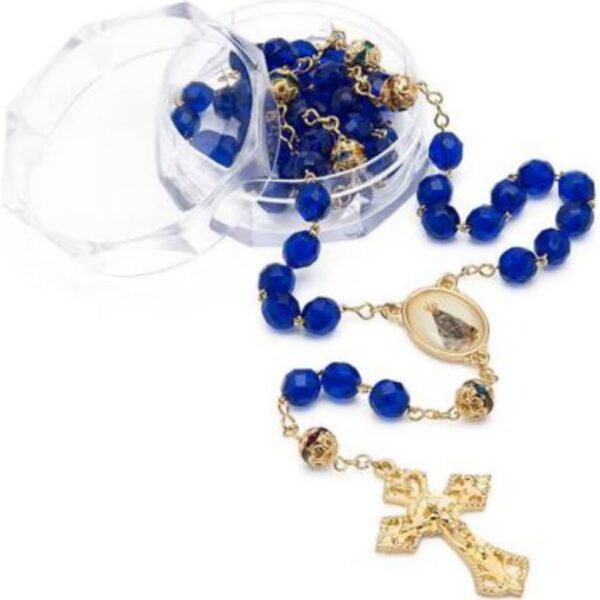 Terço Cristal Vidro 8mm Azul Dourado Nossa Senhora Aparecida com acabamento delicado e caixa acrílica para presentear e rezar com fé.