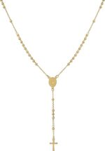Terço Feminino de Pescoço 50 cm em aço inox 316L, hipoalérgico e resistente, com Medalha de São Bento em dourado ou prata.
