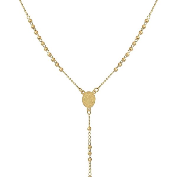 Terço Feminino de Pescoço 50 cm em aço inox 316L, hipoalérgico e resistente, com Medalha de São Bento em dourado ou prata.
