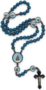 Terço Madeira Azul 8mm com Cordão Marrom Redondo Nossa Senhora Aparecida para fé e devoção