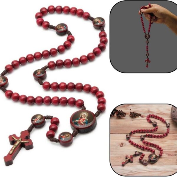 Terço Madeira Vermelho 8mm: devoção, acabamento premium e cordão católico para sua oração diária.