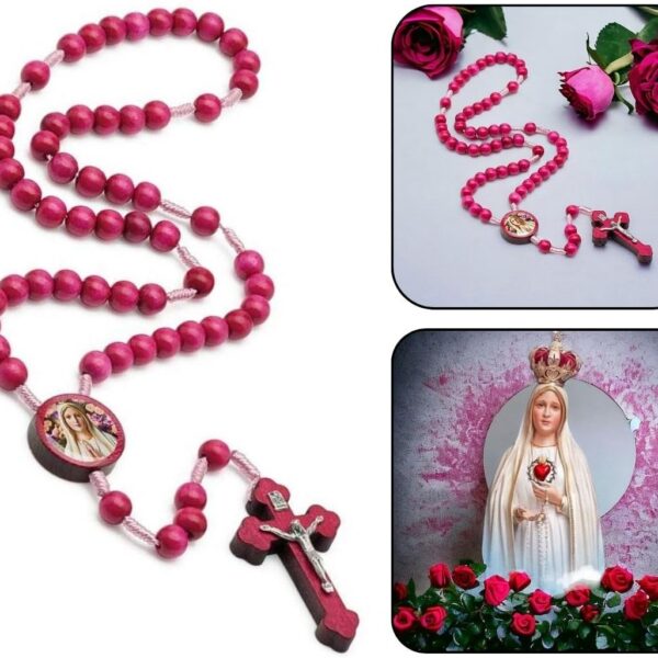 Terço Mulheres Madeira Rosa 8mm com Nossa Senhora de Fátima, acabamento premium para devoção e presente especial.