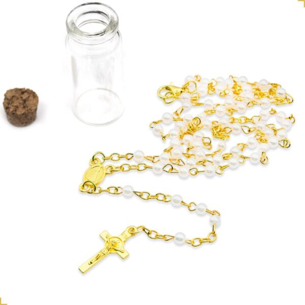 Terço Nossa Senhora Aparecida em Aço Inox 316L com Pérolas Brancas, 41cm, medalha e crucifixo dupla face, com garrafinha.