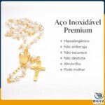 Terço Nossa Senhora Aparecida em Aço Inox 316L com Pérolas Brancas, 41cm, medalha e crucifixo dupla face, com garrafinha. - Imagem 2
