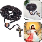 Terço Rosário Completo 4 Terços Jesus Misericordioso em madeira de Imbuia, com proteção espiritual e oração diária.