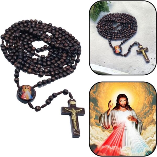 Terço Rosário Completo 4 Terços Jesus Misericordioso em madeira de Imbuia, com proteção espiritual e oração diária.