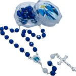 Terço Rosário Nossa Senhora das Graças Cristal Azul em caixinha acrílica, ideal para presente e devoção diária