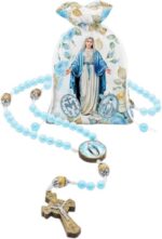 Terço Rosário Nossa Senhora das Graças em resina azul com saquinho estampado, ideal para oração e devoção diária.