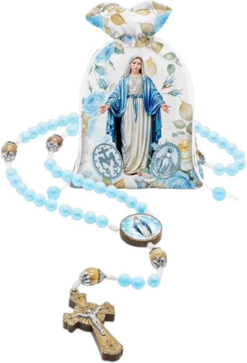 Terço Rosário Nossa Senhora das Graças em resina azul com Terço Rosário Nossa Senhora das Graças em resina azul com saquinho estampado, ideal para oração e devoção diária.