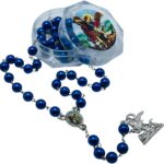 Terço Rosário São Miguel Arcanjo Cristal Azul com caixinha acrílica para oração, proteção e fé.