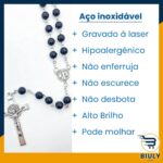 Terço São Bento Hematita 6mm em aço inox 56cm: rosário católico prateado com crucifixo dupla face e corrente resistente. - Imagem 2