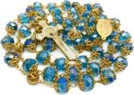 Terço azul celeste São Bento 10 mm banhado a ouro, rosário com medalha milagrosa e crucifixo para compra segura e elegante