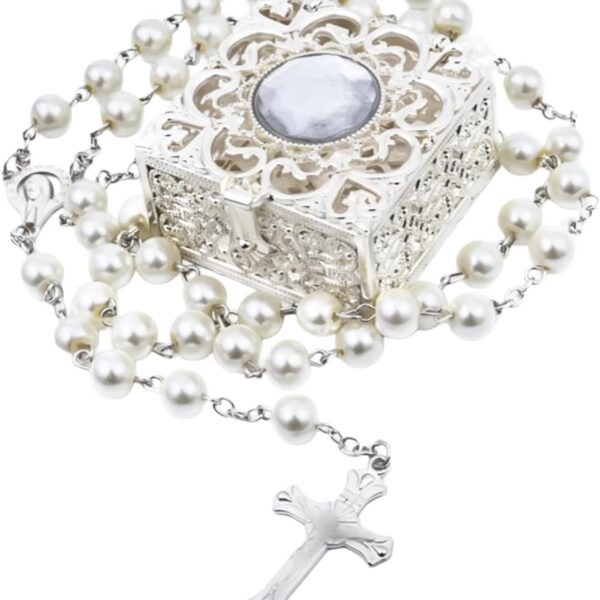 Terço católico FLAFARY unissex em caixa de presente de metal, ideal para primeira comunhão e presente para mãe, avó e família