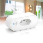 Tomada Inteligente Wi-Fi com monitor de consumo, compatível com Alexa e Google Home para automação residencial eficiente.