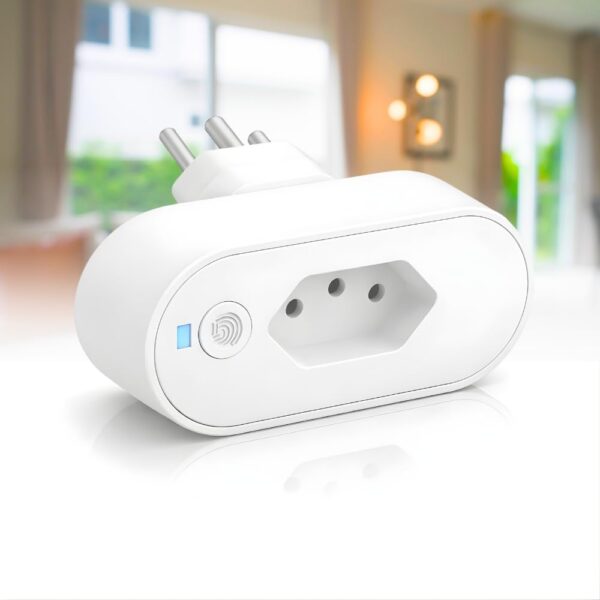 Tomada Inteligente Wi-Fi com monitor de consumo, compatível com Alexa e Google Home para automação residencial eficiente.