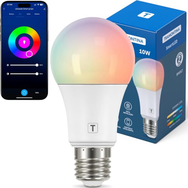 Tramontina Lâmpada Smart LED E27 10W: 16 milhões de cores, Wi-Fi + Bluetooth e controle por Alexa e Google Assistente.