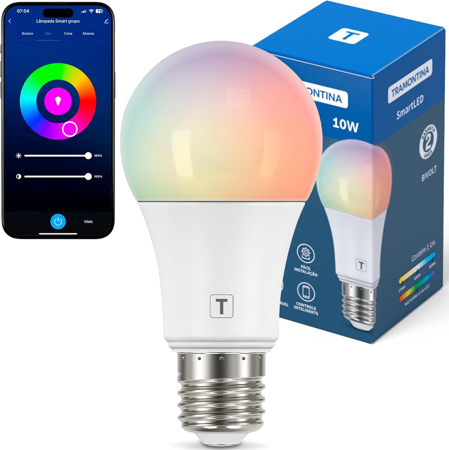 Tramontina Lâmpada Smart LED E27 10W: 16 milhões de cores, Tramontina Lâmpada Smart LED E27 10W: 16 milhões de cores, Wi-Fi + Bluetooth e controle por Alexa e Google Assistente.