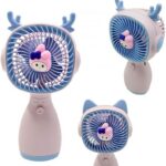 Ventilador Portátil Mini USB Recarregável, 3 Velocidades, Design Infantil, 14cm, com 2 Pares de Orelhas Decorativas (Rosa)