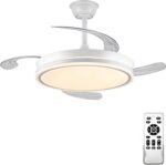 Ventilador de Teto com Luz LED de 42 Polegadas, Branco Ventilador de Teto Retrátil com Luz Possui Controle Remoto, Ideal para Quartos, Salas de Estar e Salas de Jantar