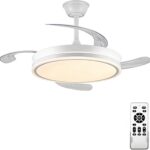 Ventilador de Teto com Luz LED de 42 Polegadas, Branco Ventilador de Teto Retrátil com Luz Possui Controle Remoto, Ideal para Quartos, Salas de Estar e Salas de Jantar