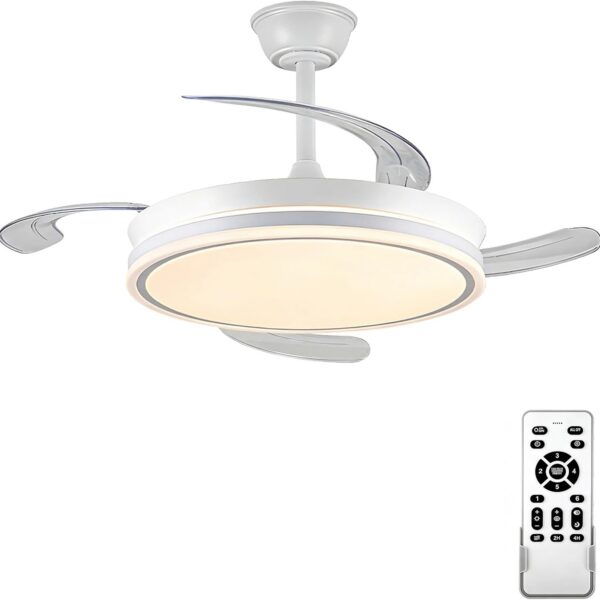 Ventilador de Teto com Luz LED de 42 Polegadas, Branco Ventilador de Teto Retrátil com Luz Possui Controle Remoto, Ideal para Quartos, Salas de Estar e Salas de Jantar