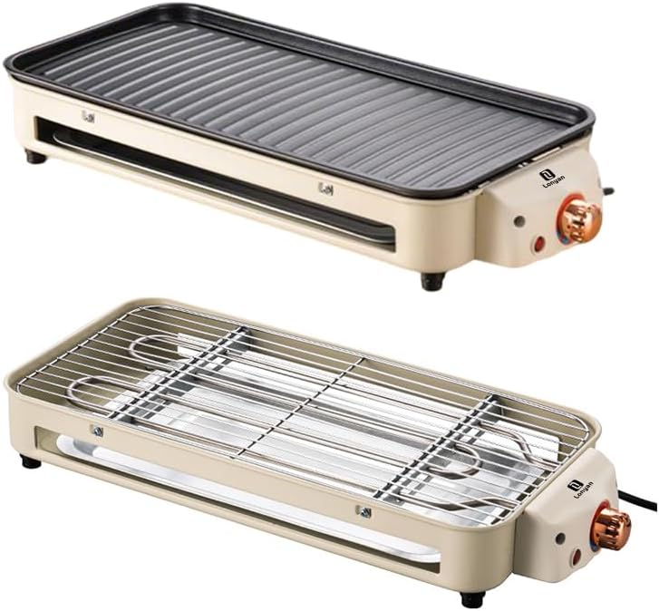 Versátil Churrasqueira Elétrica Portátil LONYAN 220V Ferro Inox 1500W Alta Versátil Churrasqueira Elétrica Portátil LONYAN 220V Ferro Inox 1500W Alta Potência Desmontável Fácil Limpeza Pouca Fumaça Controle de Temperatura Ótimo Para Casa e Acampamento (Bege, 220V)