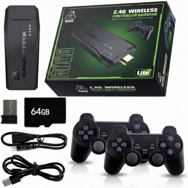 Video Game Retro Game Stick Lite 4K HDMI 64GB com 2 controles: plug and play com jogos retrô para toda a família.