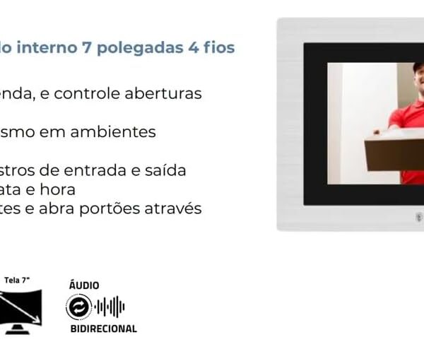 Video Porteiro Eletrônico Tela 7pol 4 Fios com áudio bidirecional e tela touch nítida para mais segurança em casa