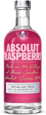 Vodka Absolut Raspberri 750 ml: sabor leve e versátil, perfeita para drinks, com embalagem sustentável em vidro reciclado.