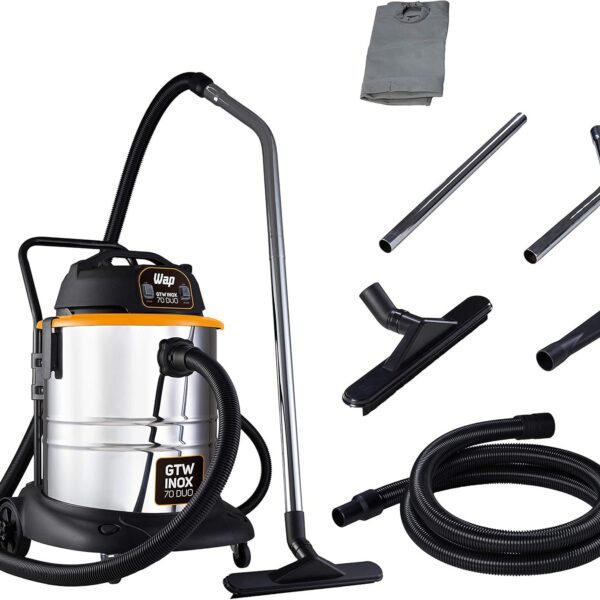 WAP Aspirador GTW INOX 70 DUO: alta potência para aspiração de sólidos, líquidos e uso profissional pesado.