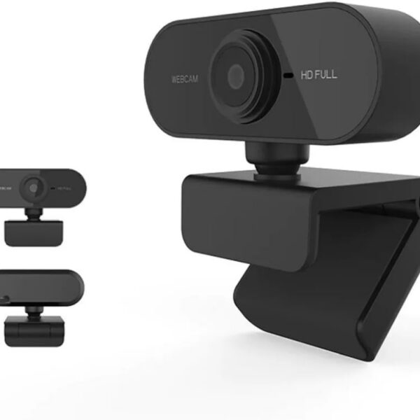 Webcam 1080p Full HD com giro 360° e microfone embutido para vídeos nítidos e comunicação clara.