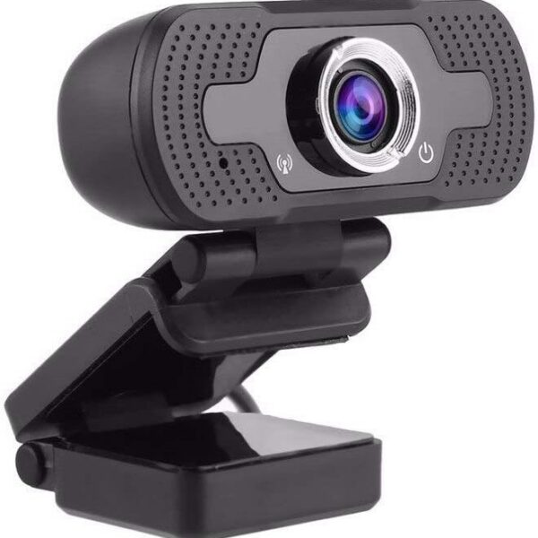 Webcam Full HD 1080 USB com microfone e visão 360º, imagem nítida, instalação fácil e áudio claro para videochamadas.